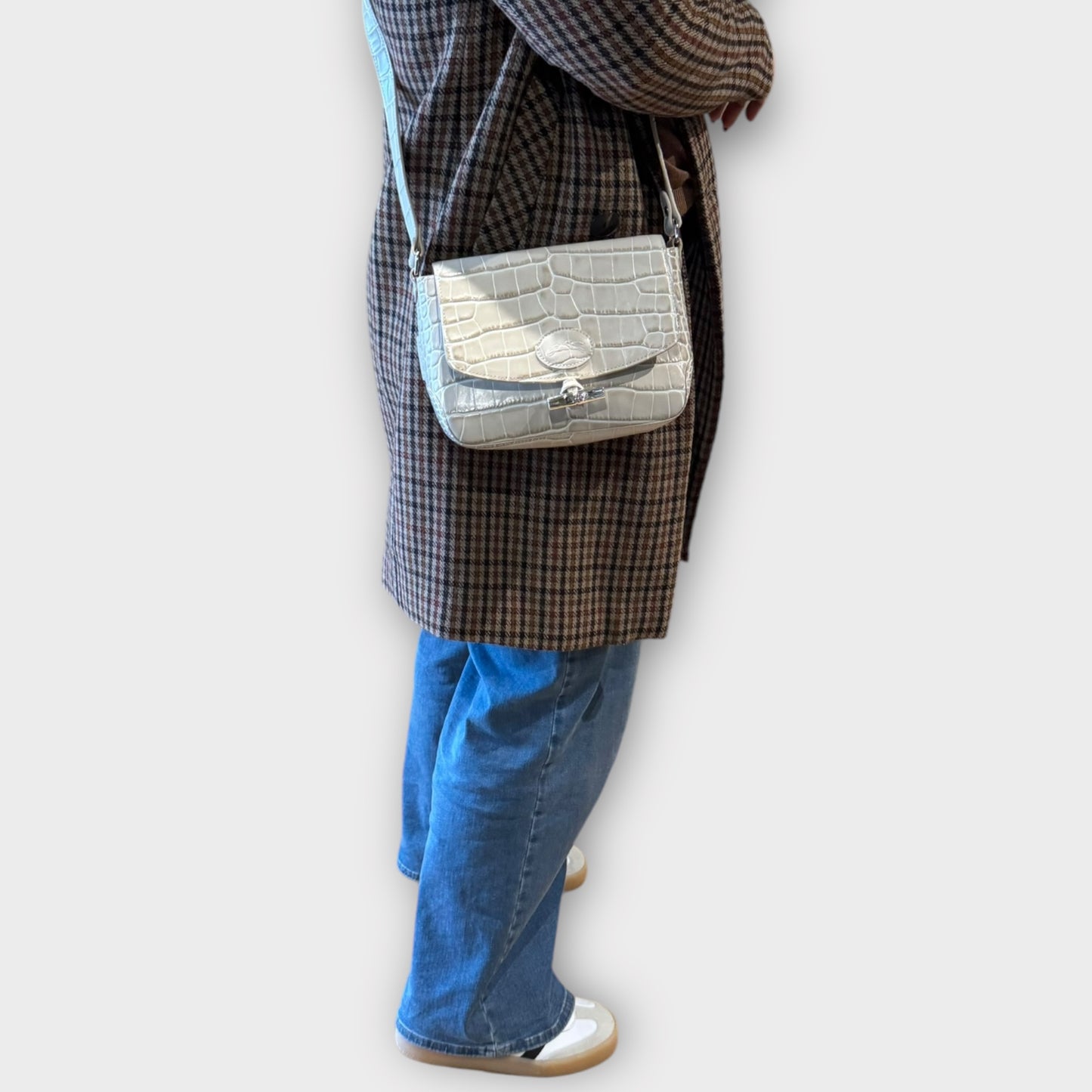 LONGCHAMP "Le Roseau" hellbeige Reptilmuster Ledertasche Crossbody Schultertasche