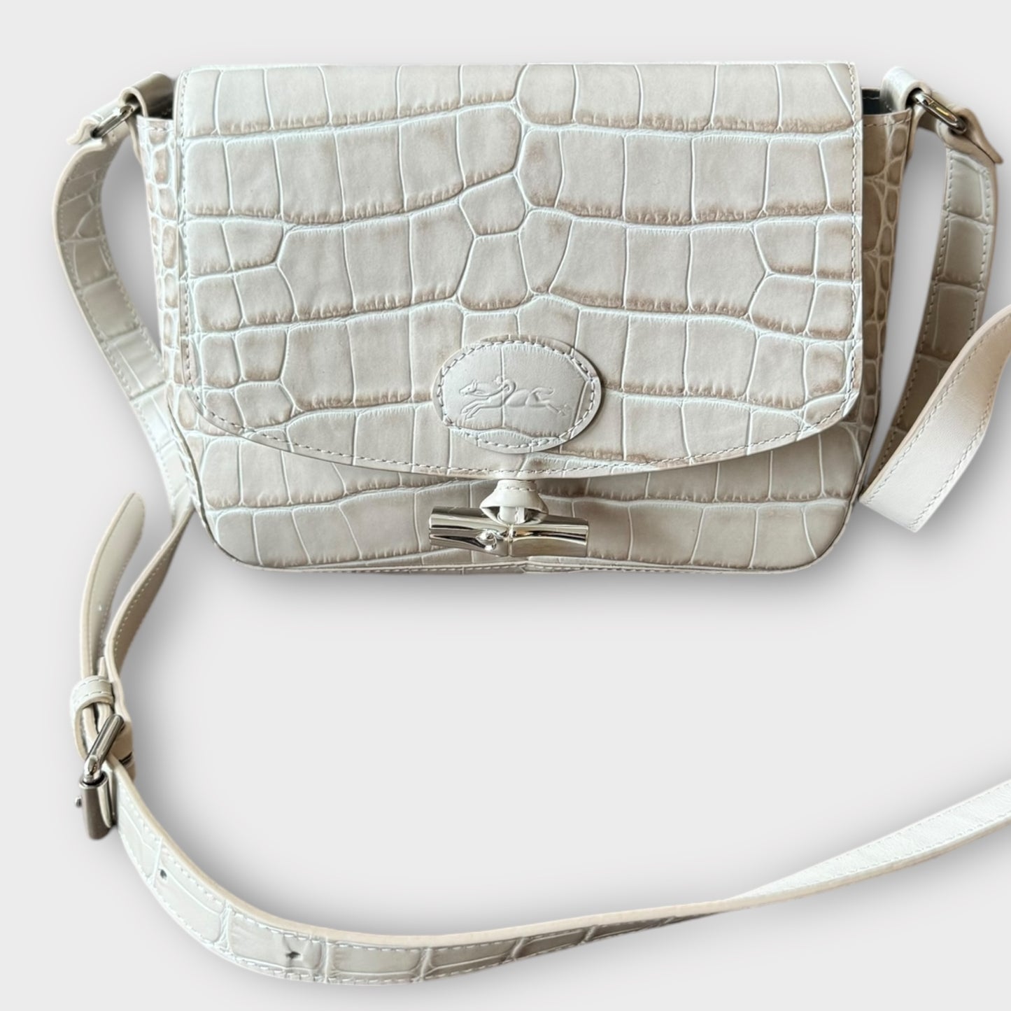 LONGCHAMP "Le Roseau" hellbeige Reptilmuster Ledertasche Crossbody Schultertasche