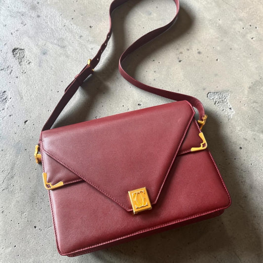 CARTIER Vintage Handtasche Dunkelrot Leder Goldhardware