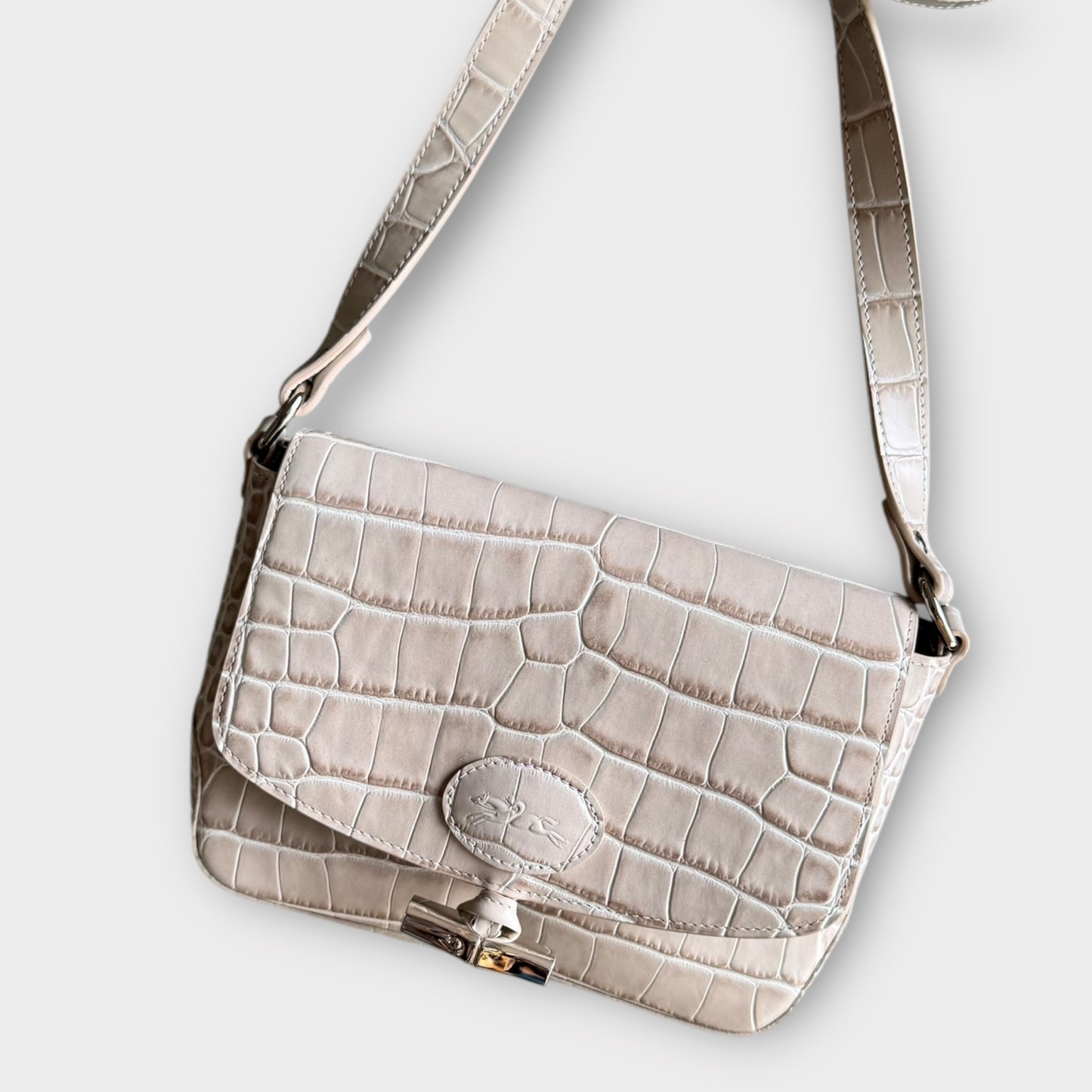 LONGCHAMP "Le Roseau" sac bandoulière en cuir motif reptile beige clair