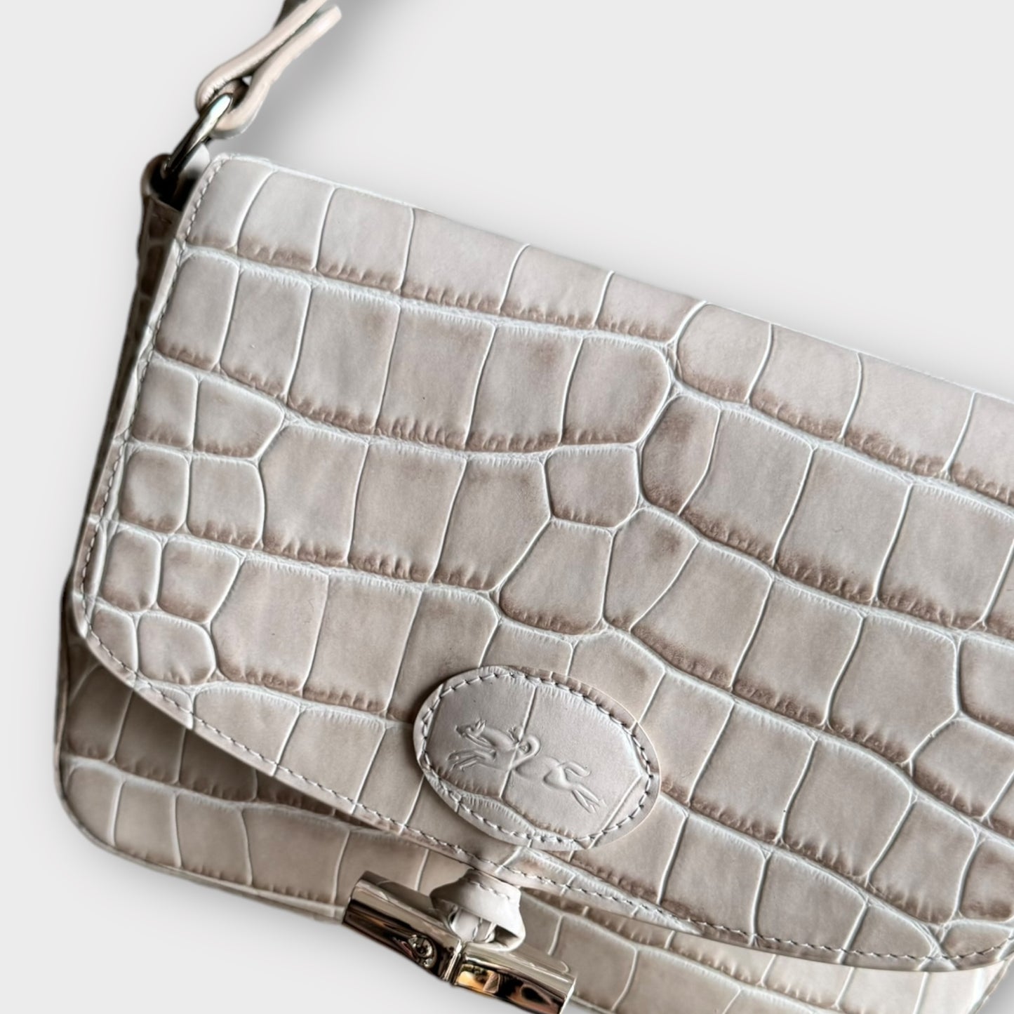 LONGCHAMP "Le Roseau" light beige reptile pattern leather bag crossbody shoulder bag