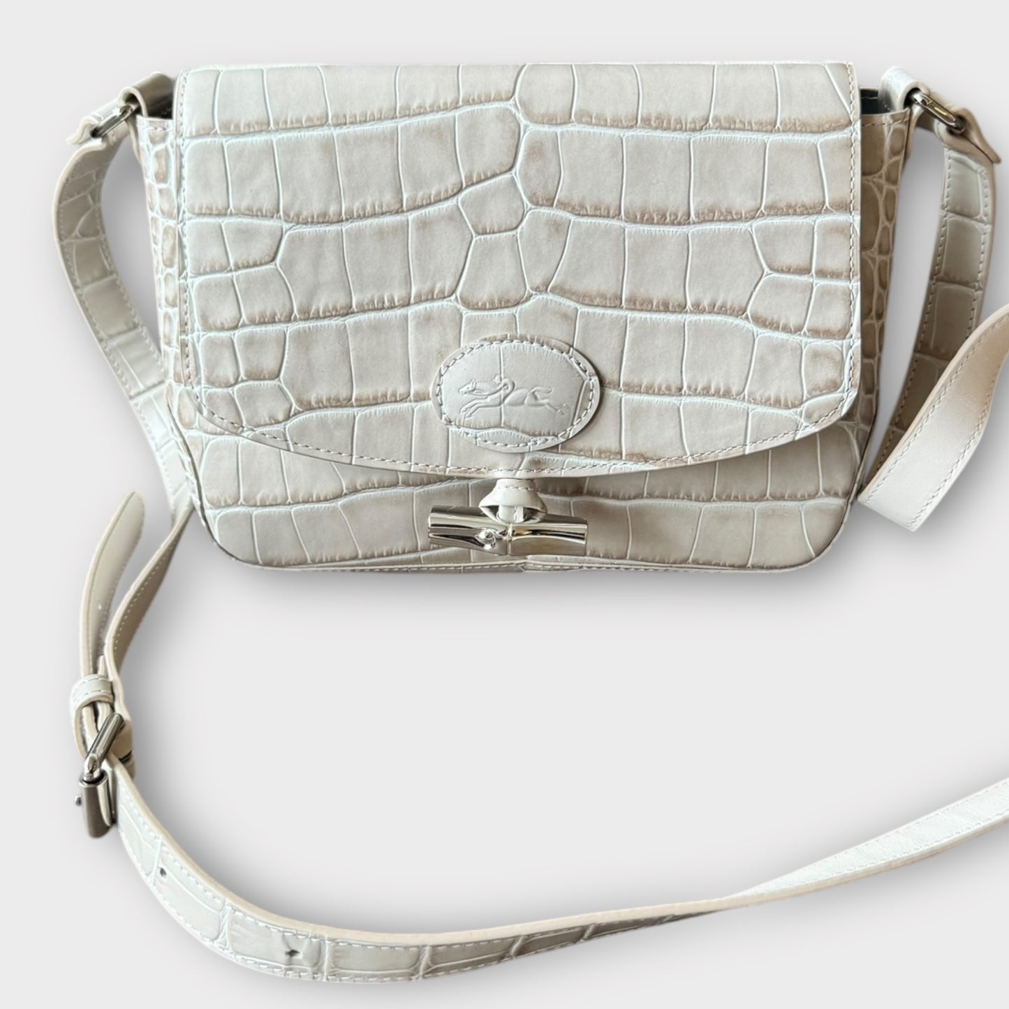 LONGCHAMP "Le Roseau" light beige reptile pattern leather bag crossbody shoulder bag