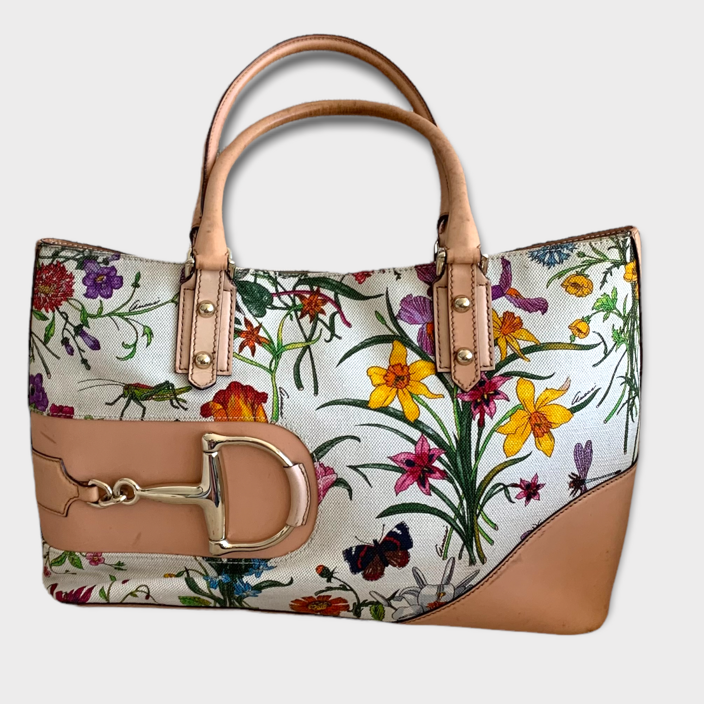 GUCCI Flora Horsebit Shopper sac bandoulière cuir naturel 137385