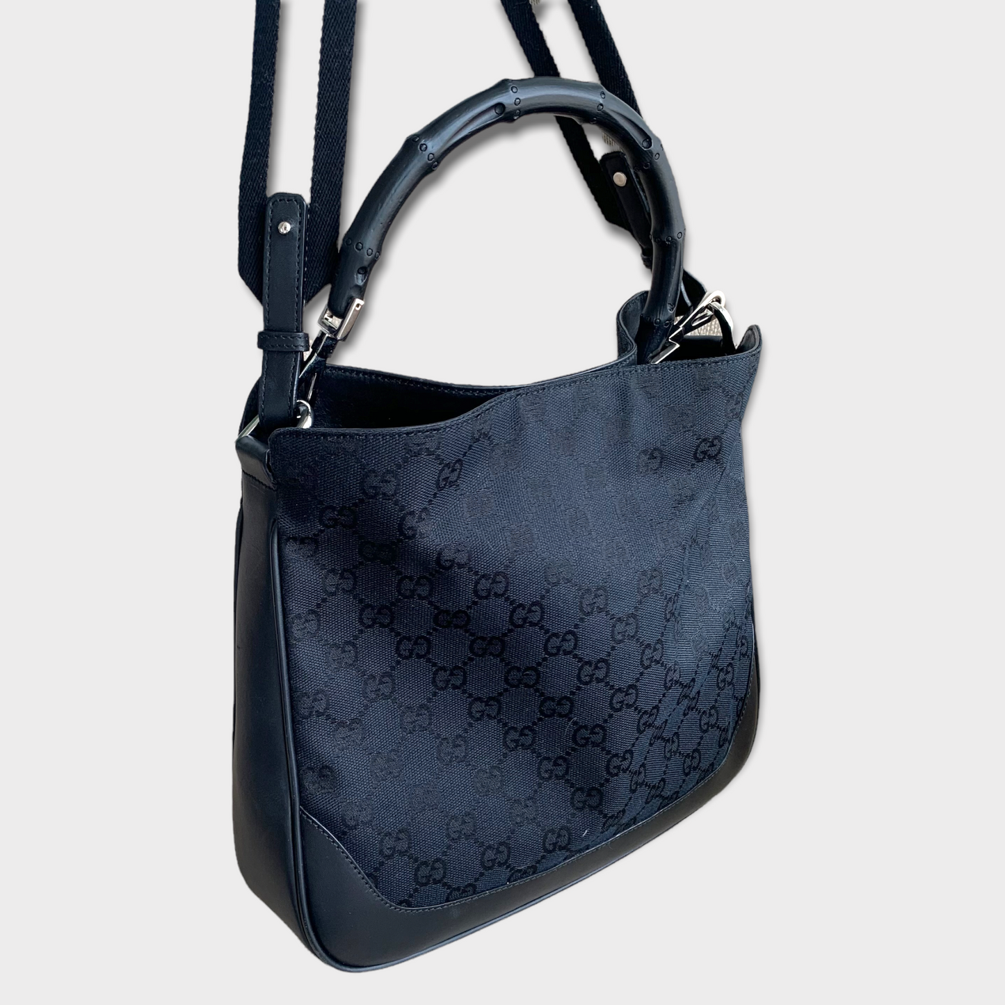 GUCCI Hobo Schultertasche Schwarz Leder & Jacquard 0014095