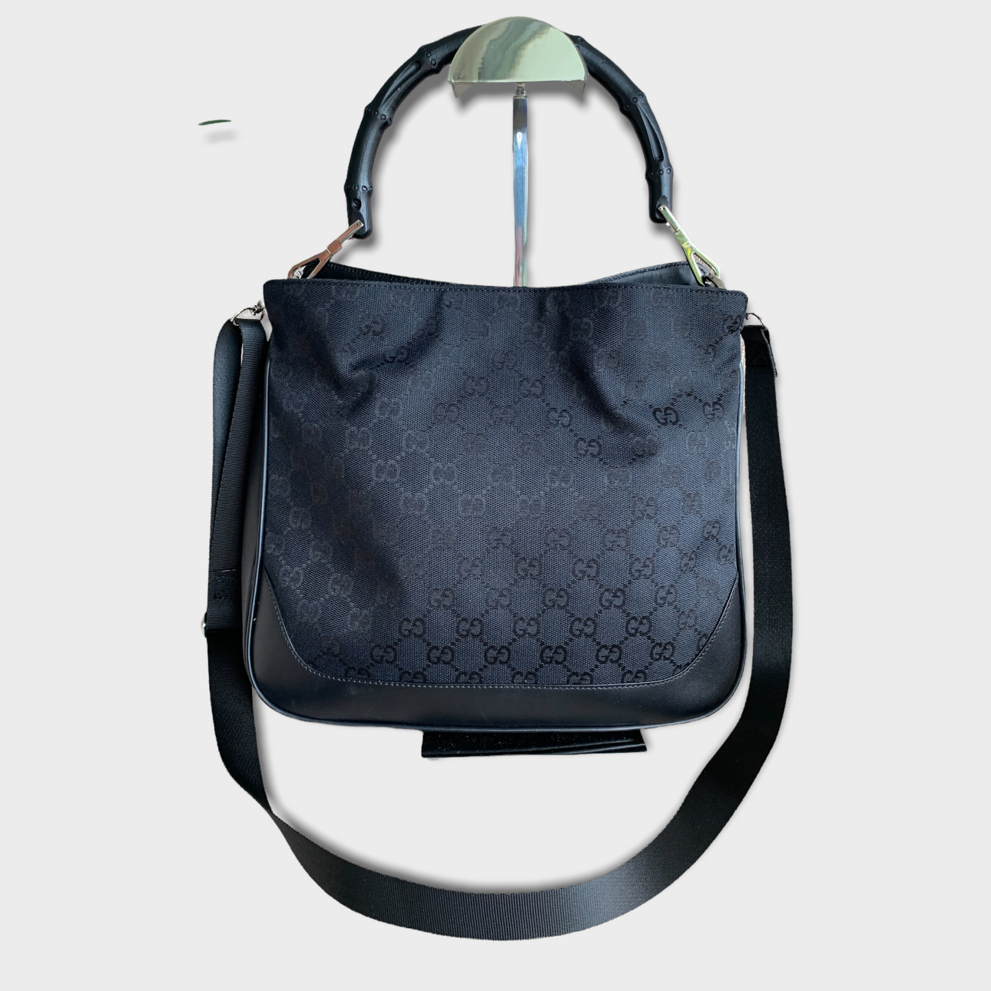 GUCCI Hobo Shoulder Bag Black Leather &amp; Jacquard 0014095