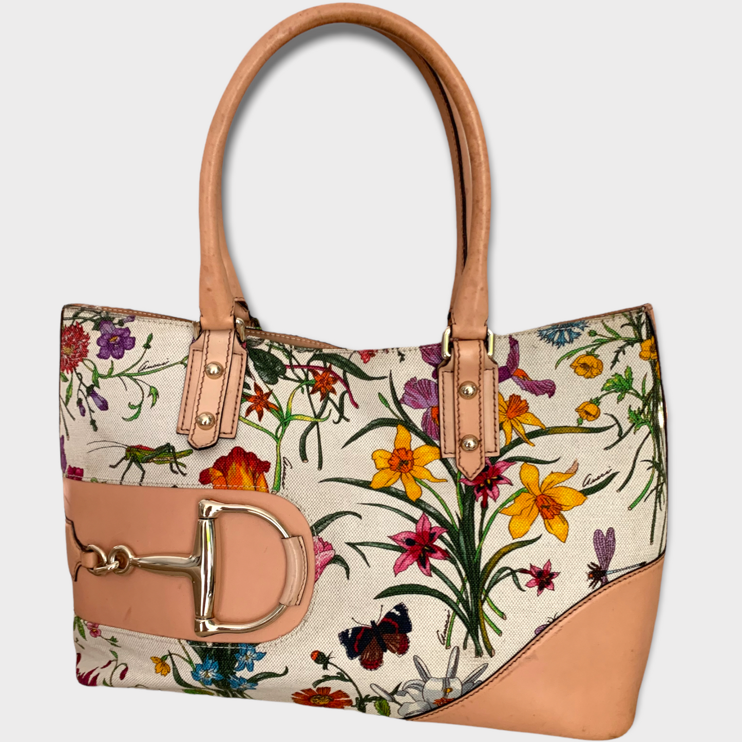 GUCCI Flora Horsebit Shopper Shoulder Bag Natural Leather 137385 GUCCI Flora Horsebit Shopper Shoulder Bag Natural Leather 137385